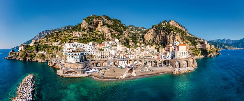 Aerial view of Atrani famous coastal village located on Amalfi Coast, Italy. Small town Atrani on Amalfi Coast in province of Salerno, Campania region, Italy. Atrani town on Amalfi coast, Italy.