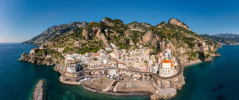 Aerial view of Atrani famous coastal village located on Amalfi Coast, Italy. Small town Atrani on Amalfi Coast in province of Salerno, Campania region, Italy. Atrani town on Amalfi coast, Italy.