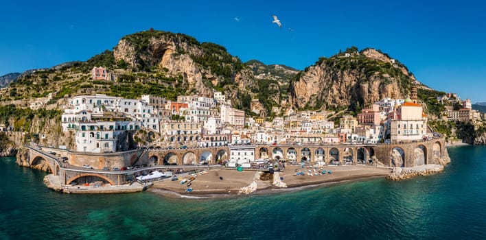 Aerial view of Atrani famous coastal village located on Amalfi Coast, Italy. Small town Atrani on Amalfi Coast in province of Salerno, Campania region, Italy. Atrani town on Amalfi coast, Italy.