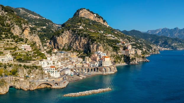 Aerial view of Atrani famous coastal village located on Amalfi Coast, Italy. Small town Atrani on Amalfi Coast in province of Salerno, Campania region, Italy. Atrani town on Amalfi coast, Italy.