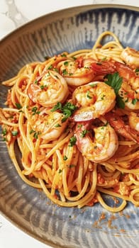 Pasta with shrimps, tomatoes and basil on a plate