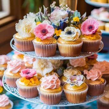 Cupcakes, cakes, scones and muffins and holiday decoration outdoors at the English country style garden, sweet desserts for wedding, birthday or party celebration, post-processed, generative ai
