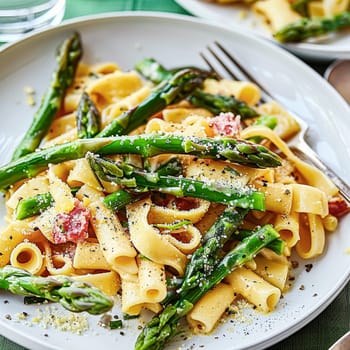 Pasta with asparagus, bacon and parmesan cheese