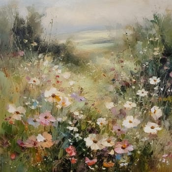 Oil style fine art painting of the English countryside, depicting romantic floral meadow, flowers field in soft pastel colours, evoking a sense of tranquility and natural beauty, printable art design