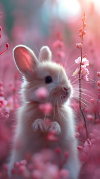 A small white rabbit with long ears and whiskers is standing in a field of pink flowers amongst green grass, blending in with the colorful petals
