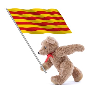 A Catalonia flag being carried by a cute teddy bear