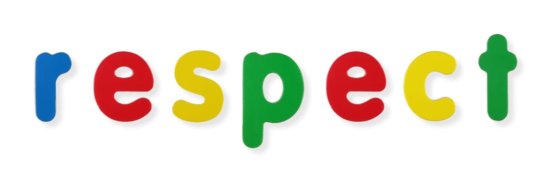 A respect word in coloured magnetic letters on white with clipping path to remove shadow