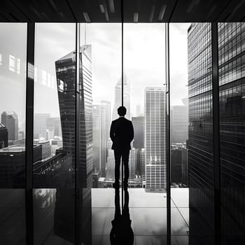 A man gazes out a window at the blackandwhite city skyline filled with skyscrapers, tower blocks, and a cloudy sky in a metropolitan area