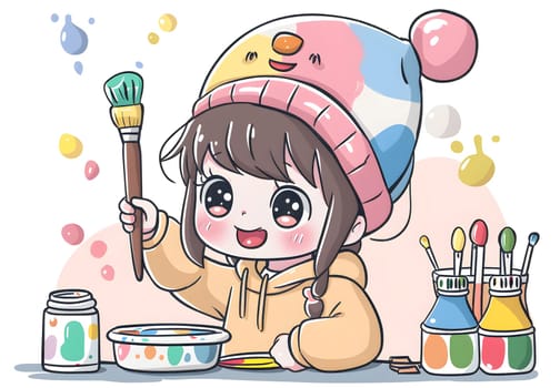 A cartoon little girl is happily painting with a brush, creating art on a tableware product. Her fingers are covered in colorful paint, sharing her creativity with water organisms