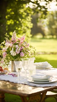 Garden table decoration, holiday tablescape, formal dinner table setting, table scape with elegant decor for wedding party and event idea