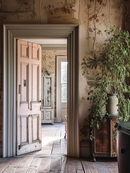 Entrance to a historic manor, framed by antique architectural elements and flanked by potted topiaries, features an aged door, the surrounding ivy and stonework add to the timeless elegance of the property