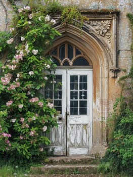 Entrance to a historic manor, framed by antique architectural elements and flanked by potted topiaries, features an aged door, the surrounding ivy and stonework add to the timeless elegance of the property