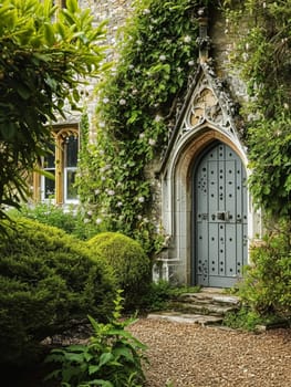 Entrance to a historic manor, framed by antique architectural elements and flanked by potted topiaries, features an aged door, the surrounding ivy and stonework add to the timeless elegance of the property