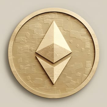 A triangular wooden medal featuring an artful gold coin with an Ethereum symbol as its emblem. The logo is intricately carved on the coins surface