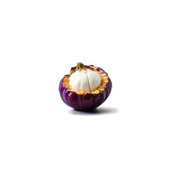 Mangosteen with purple shell and white segmented flesh exposed Food and culinary concept. Food isolated on transparent background.