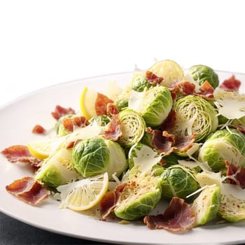 Brussels sprout salad ingredients over composed plate shaved brussels sprouts crispy prosciutto and parmesan swishing. Food isolated on transparent background.