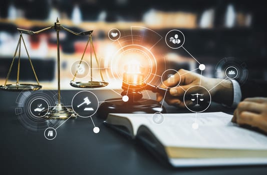 Smart law, legal advice icons and lawyer working tools in the lawyers office showing concept of digital law and online technology of savvy law and regulations .