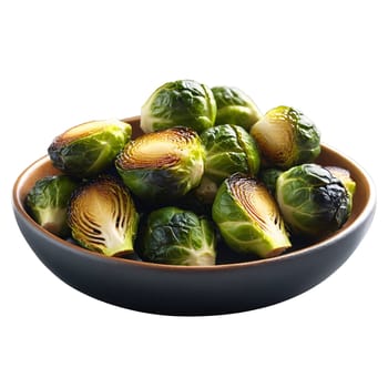 Roasted Brussels sprouts crispy outer leaves tender centers balsamic glaze golden brown Culinary and Food. Food isolated on transparent background