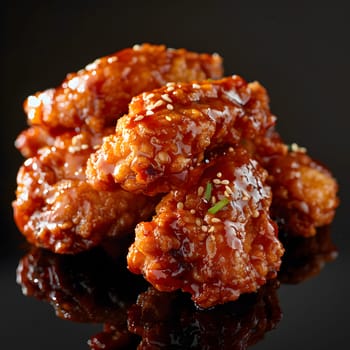 A close up of a piece of fried chicken on a black surface, a popular fast food dish made with meat as the main ingredient, commonly found in various cuisines