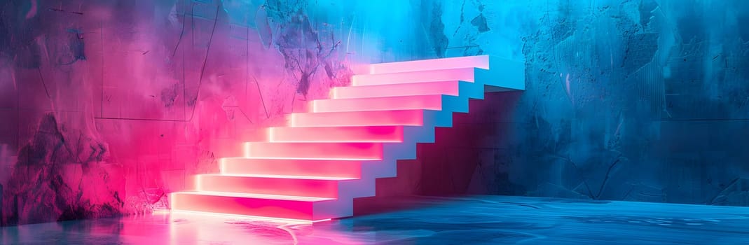a set of stairs with neon lights on them in a dark room . High quality