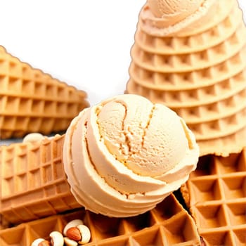 Peanut butter ice cream creamy peanut butter color in a chocolate dipped waffle cone chopped. close-up food, isolated on transparent background