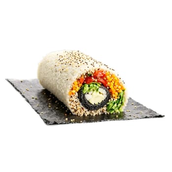 Quinoa sushi burrito colorful and tightly wrapped slicing apart with quinoa grains and vegetables spilling. Food isolated on transparent background.