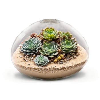 Living Stones small clustered gray and brown stone like succulent in a glass terrarium with. Plants isolated on transparent background.