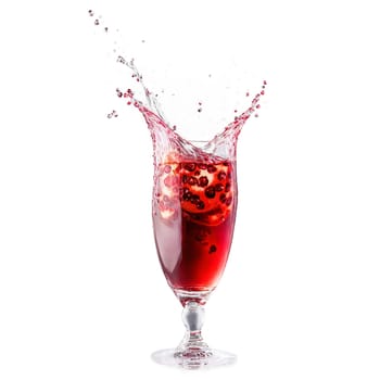 Pomegranate juice with seeds and ice cubes whirling in a glass with liquid splashing out. Food isolated on transparent background.