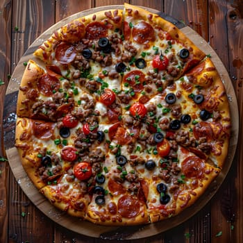 A Californiastyle pizza, topped with pizza cheese and fresh ingredients, is displayed on a wooden cutting board on a table in a fast food restaurant