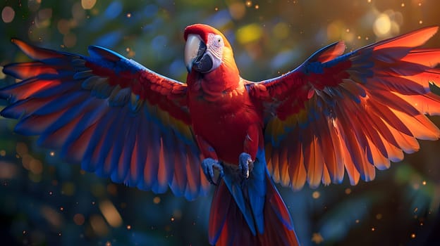 A vibrant red and blue macaw parrot, a type of parrot vertebrate organism, is gracefully flying in the air with its colorful feathers spread, showcasing its beak and keen eye