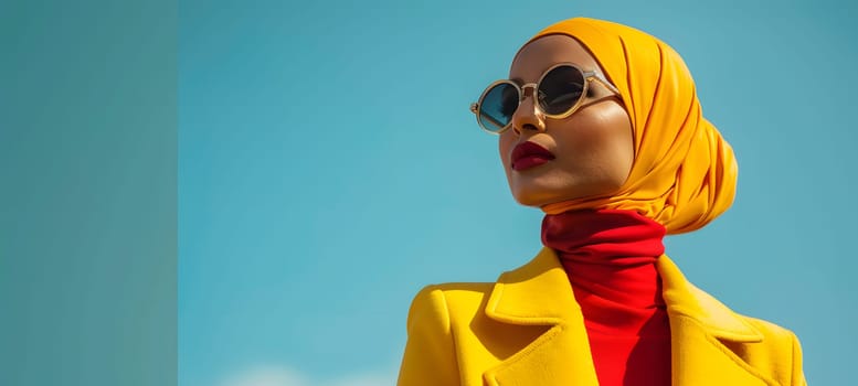 A woman with yellow hijab and sunglasses enjoying the blue sky. Her eyewear completes her travel look. She looks happy under the sunny sky