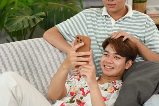 Romantic gay couple using laptop on sofa enjoy spending weekend together.