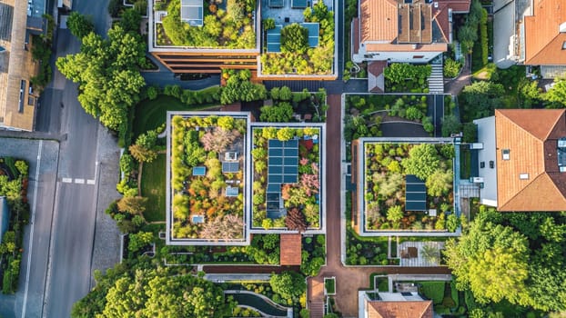Aerial view of a green roof garden in a modern metropolitan area