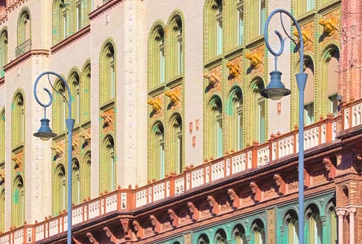 Picturesque facade of a building in Art Nouveau style, Hungarian architecture, Budapest.