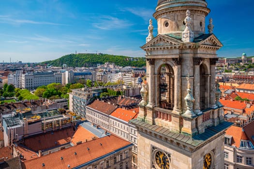 Panoramic view from St. Stephen's Basilica, a Roman Catholic basilica in Budapest, Hungary.