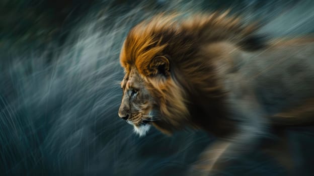 A lion is standing in tall grass, Long exposure blurry shot of a lion, Portrait of lion in motion blur.