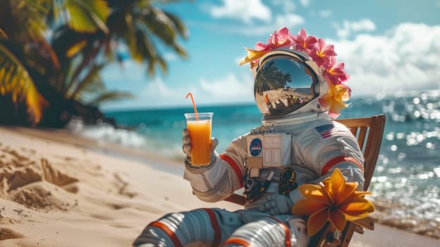 A man in a spacesuit is sitting on a beach chair with a glass of orange juice.