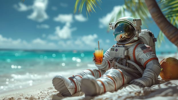 Summer background, An astronaut with hawaiian costume tropical palm and beach background.