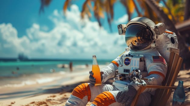 A man in a spacesuit is sitting on a beach chair with a glass of orange juice.