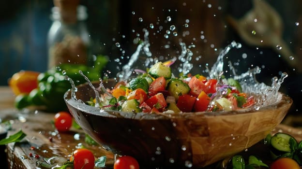 A bowl of salad with a lot of water splashing out of it.