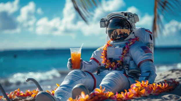 Summer background, An astronaut with hawaiian costume tropical palm and beach background.