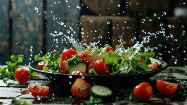 A bowl of salad with a lot of water splashing out of it.