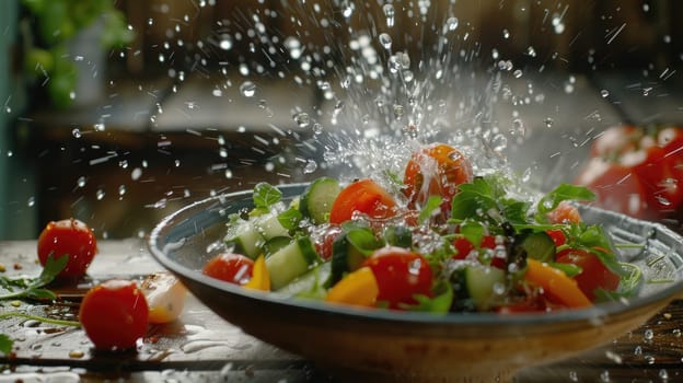 A bowl of salad with a lot of water splashing out of it. The bowl is full of vegetables including tomatoes, cucumbers, and peppers