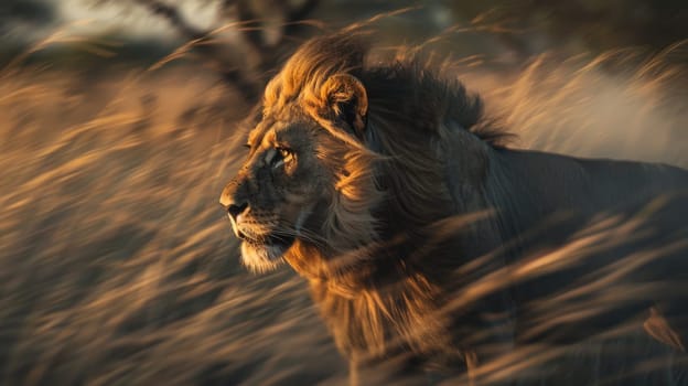 A lion is standing in tall grass, Long exposure blurry shot of a lion, Portrait of lion in motion blur.