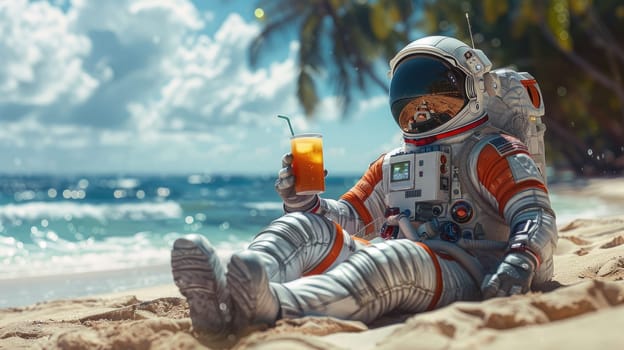 Summer background, An astronaut with hawaiian costume tropical palm and beach background.