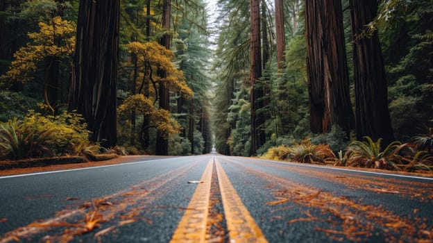 A road surrounded by redwood trees, Calm and serene beauty.