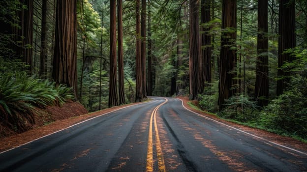 A road surrounded by redwood trees, Calm and serene beauty.