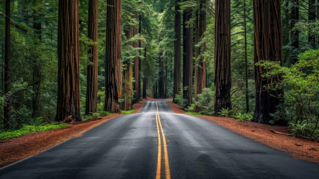 A road surrounded by redwood trees, Calm and serene beauty.