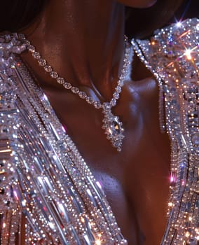 A close up of a woman at a city event wearing a rhinestonecovered dress and necklace, shining like automotive lighting. Her jewelry sparkles under the night sky in macro photography