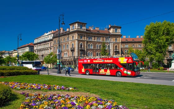 Budapest, Hungary - 27 April 2024: View of Kodaly korond roundabout at the intersection of Andrassy Avenue and Felsoerdosor street, with beautifully painted old buildings.